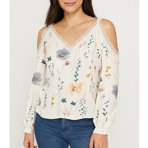 Floral Cold Shoulder Blouse SMALL White Lace Trim Boho Cottage Coquette